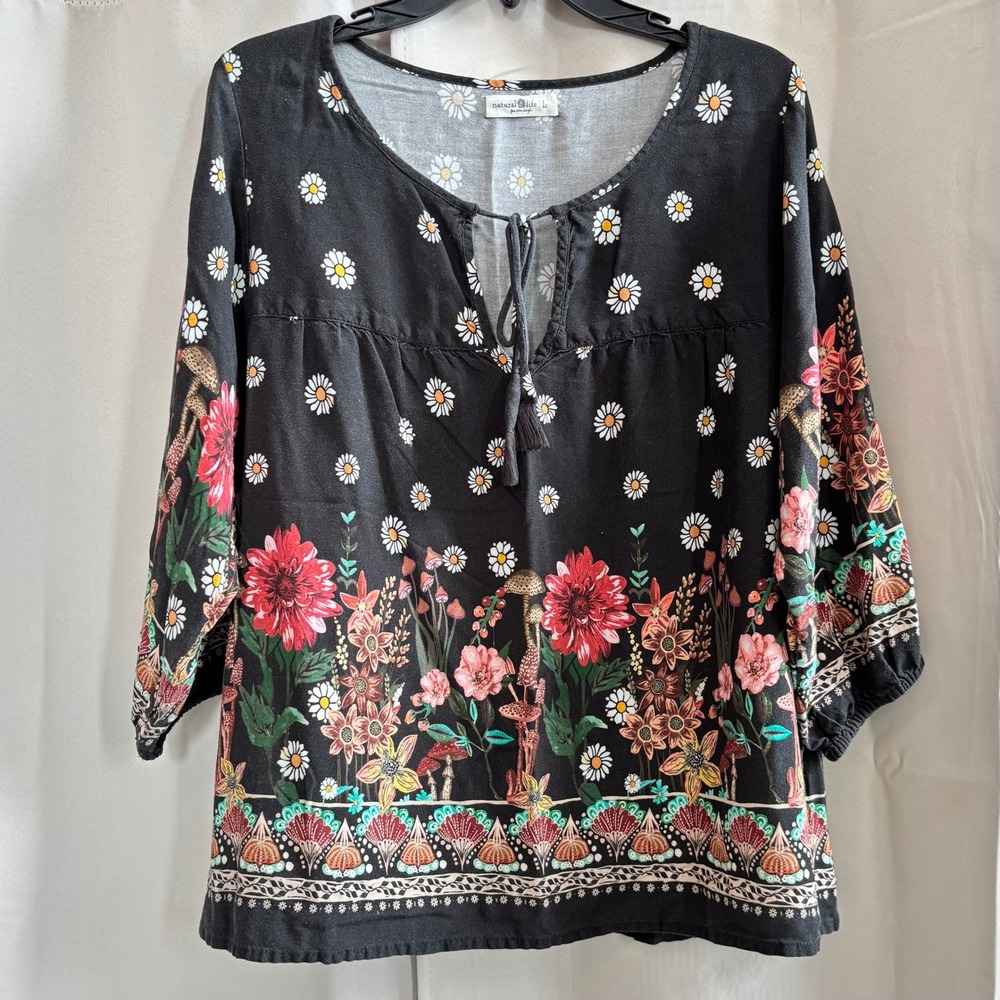 Natural Life Floral Mushroom Daisy Womens Top Oversized Large Whimsy Boho 19737